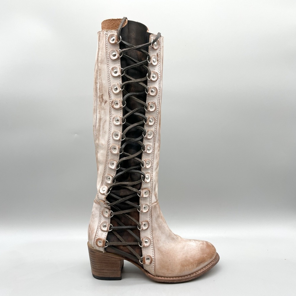 Freebird by Steven Womens 9 Chapelle Side Lace Tall Boots Cream Tan Leather Boho